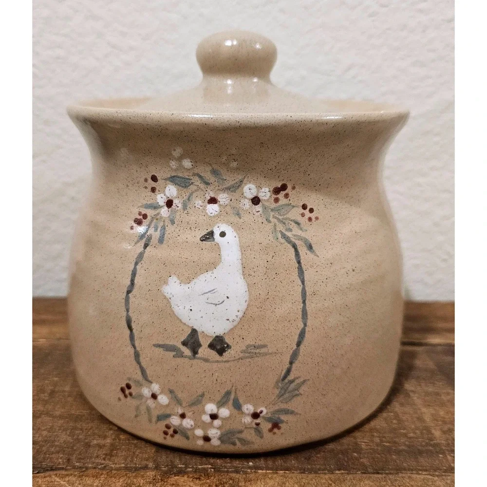 Vintage Stoneware Goose Canister Lidded Jar Farmhouse Floral Speckled Tan 6.5
